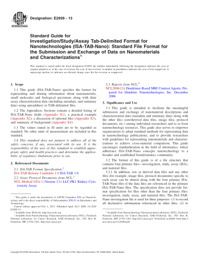 ASTM E2909-2013納米技術用調(diào)查/研究/試驗制表符分隔的格式指南：納米材料和特性數(shù)據(jù)提交和交換用標準文件格式Standard Guide for Investigation/Study/Assay Tab-Delimited Format for Nanotechnologies (ISA-TAB-Nano):Standard File Format for the Submission and Exchange of Data on Nanomaterials and Characteriz