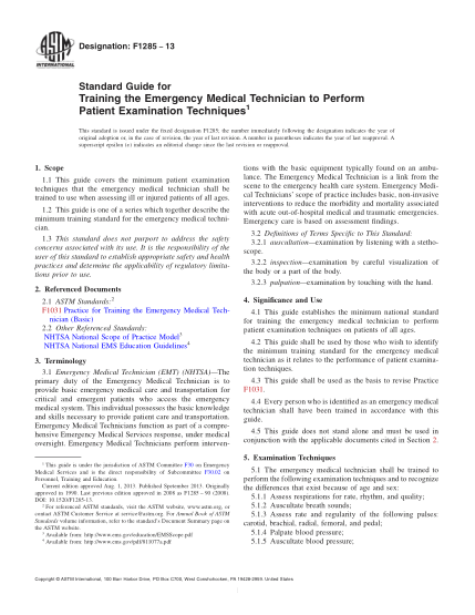 ASTM F1285-2013急診技師(基礎(chǔ))病人檢查技術(shù)培訓(xùn)指南Standard Guide for Training the Emergency Medical Technician to Perform Patient Examination Techniques