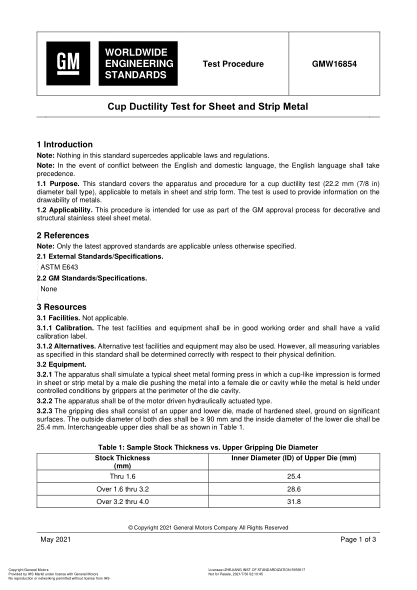 GMW 16854-2021Cup Ductility Test For Sheet And Strip Metal (Issue 3; English)