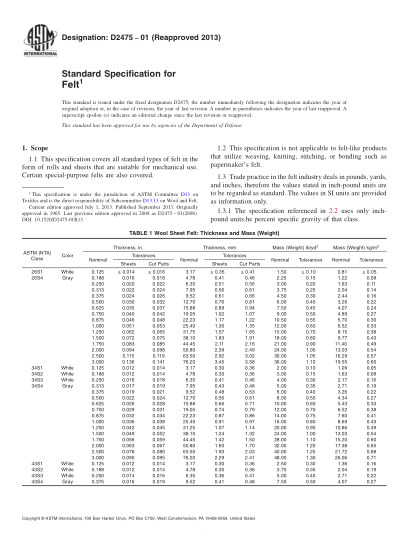 ASTM D2475-2001(2013)Standard Specification for Felt