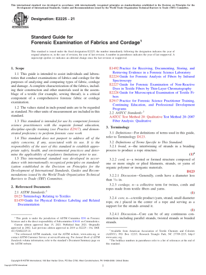 ASTM E2225-2021Standard Guide for Forensic Examination of Fabrics and Cordage