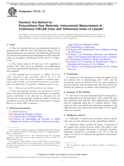 ASTM D7133-2021Standard Test Method for Polyurethane Raw Materials: Instrumental Measurement of Tristimulus CIELAB Color and Yellowness Index of Liquids