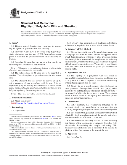 ASTM D2923-2013聚烯薄膜及薄板硬度試驗(yàn)方法Standard Test Method for Rigidity of Polyolefin Film and Sheeting