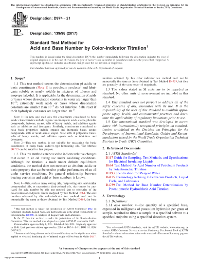 ASTM D974-2021Standard Test Method for Acid and Base Number by Color-Indicator Titration