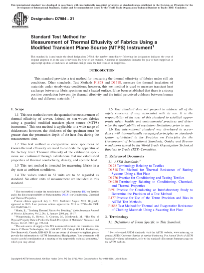 ASTM D7984-2021Standard Test Method for Measurement of Thermal Effusivity of Fabrics Using a Modified Transient Plane Source (MTPS) Instrument