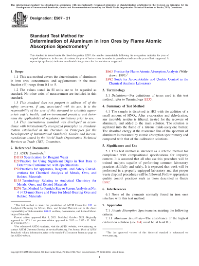 ASTM E507-2021Standard Test Method for Determination of Aluminum in Iron Ores by Flame Atomic Absorption Spectrometry