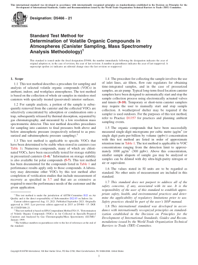 ASTM D5466-2021Standard Test Method for Determination of Volatile Organic Compounds in Atmospheres (Canister Sampling, Mass Spectrometry Analysis Methodology)