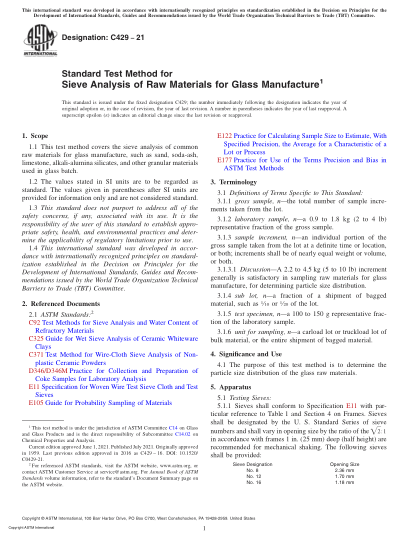 ASTM C429-2021Standard Test Method for Sieve Analysis of Raw Materials for Glass Manufacture