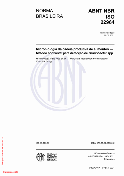 ABNT NBR ISO 22964-2021Microbiology of the food chain — Horizontal method for the detection of Cronobacter spp.