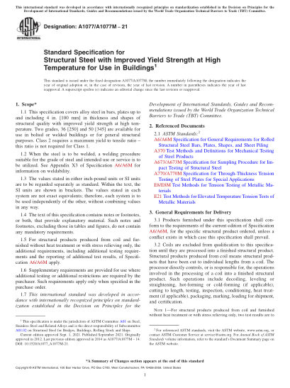 ASTM A1077/A1077M-2021Standard Specification for Structural Steel with Improved Yield Strength at High Temperature for Use in Buildings