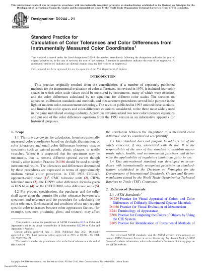 ASTM D2244-2021Standard Practice for Calculation of Color Tolerances and Color Differences from Instrumentally Measured Color Coordinates