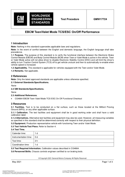GMW 17724-2021Ebcm Teen/Valet Mode Tcs/Esc On/Off Performance (Issue 2; English; See Also Gmw Cg4664)