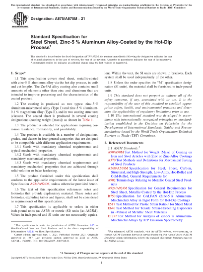 ASTM A875/A875M-2021Standard Specification for Steel Sheet, Zinc-5% Aluminum Alloy-Coated by the Hot-Dip Process