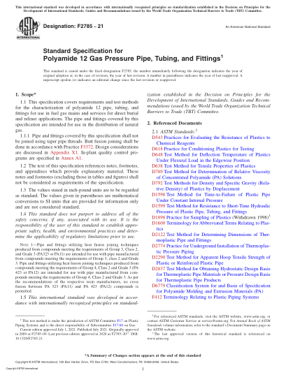 ASTM F2785-2021Standard Specification for Polyamide 12 Gas Pressure Pipe, Tubing, and Fittings