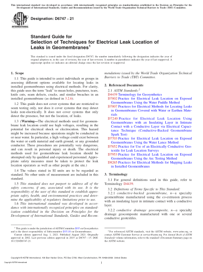 ASTM D6747-2021Standard Guide for Selection of Techniques for Electrical Leak Location of Leaks in Geomembranes
