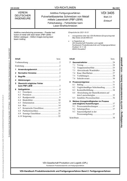 VDI 3405 Blatt 2.8-2021Additive manufacturing processes - Powder bed fusion of metal with laser beam (PBF-LB/M) - Defect catalogue - Defect images during laser beam melting