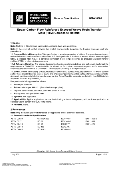 GMW 18386-2021Epoxy-Carbon Fiber Reinforced Exposed Weave Resin Transfer Mold (Rtm) Composite Material (Issue 1; English)