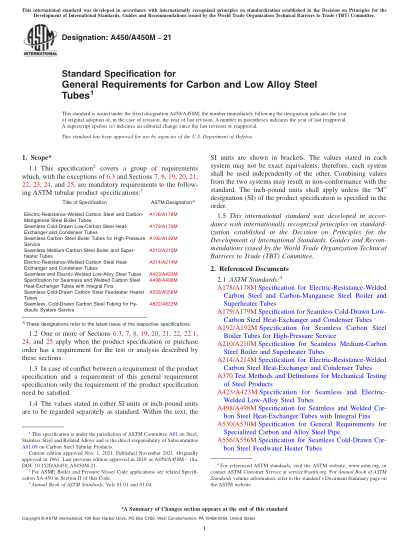 ASTM A450/A450M-2021Standard Specification for General Requirements for Carbon and Low Alloy Steel Tubes