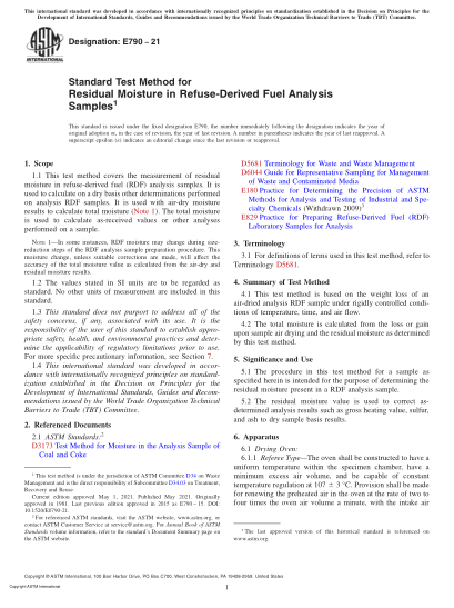 ASTM E790-2021Standard Test Method for Residual Moisture in Refuse-Derived Fuel Analysis Samples