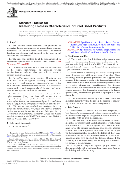 ASTM A1030/A1030M-2021Standard Practice for Measuring Flatness Characteristics of Steel Sheet Products