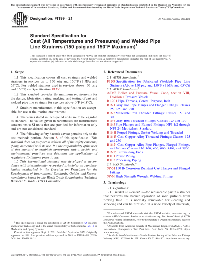 ASTM F1199-2021Standard Specification for Cast (All Temperatures and Pressures) and Welded Pipe Line Strainers (150 psig and 150°F Maximum)