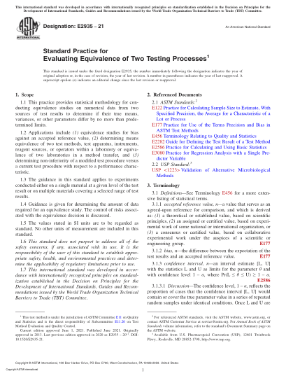 ASTM E2935-2021Standard Practice for Evaluating Equivalence of Two Testing Processes