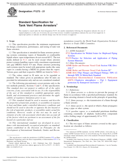 ASTM F1273-2021Standard Specification for Tank Vent Flame Arresters