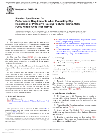 ASTM F3445-2021用ASTM F2913全鞋試驗方法評估保護(安全)鞋的防滑性能要求的標準規(guī)范Standard Specification for Performance Requirements when Evaluating Slip Resistance of Protective (Safety) Footwear using ASTM F2913 Whole Shoe Test Method