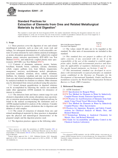 ASTM E2941-2021Standard Practices for Extraction of Elements from Ores and Related Metallurgical Materials by Acid Digestion