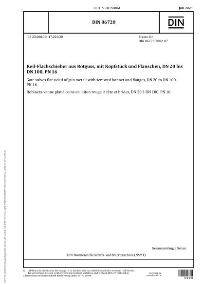 DIN 86720-2021Gate valves flat sided of gun metall with screwed bonnet and flanges, DN 20 to DN 100, PN 16
