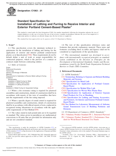 ASTM C1063-2021Standard Specification for Installation of Lathing and Furring to Receive Interior and Exterior Portland Cement-Based Plaster