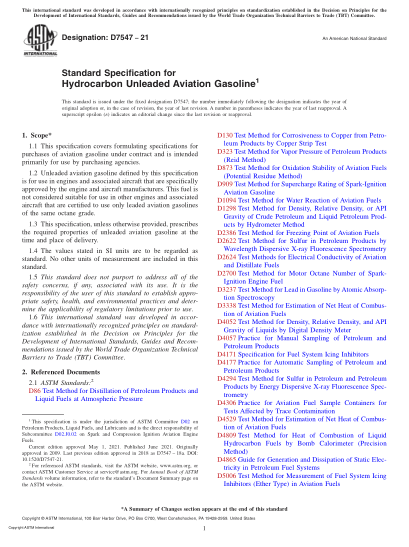 ASTM D7547-2021Standard Specification for Hydrocarbon Unleaded Aviation Gasoline