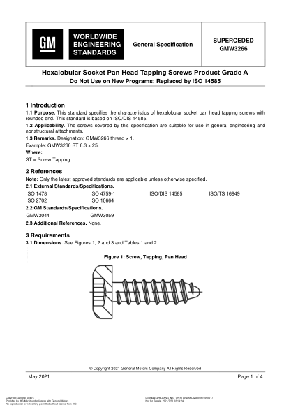 GMW 3266-2021Hexalobular Socket Pan Head Tapping Screws Product Grade A (Issue 6; English; Do Not Use On New Programs)
