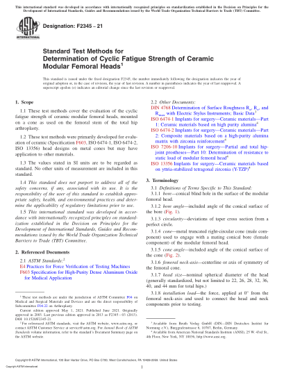 ASTM F2345-2021Standard Test Methods for Determination of Cyclic Fatigue Strength of Ceramic Modular Femoral Heads