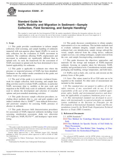 ASTM E3268-2021Standard Guide for NAPL Mobility and Migration in Sediment—Sample Collection, Field Screening, and Sample Handling