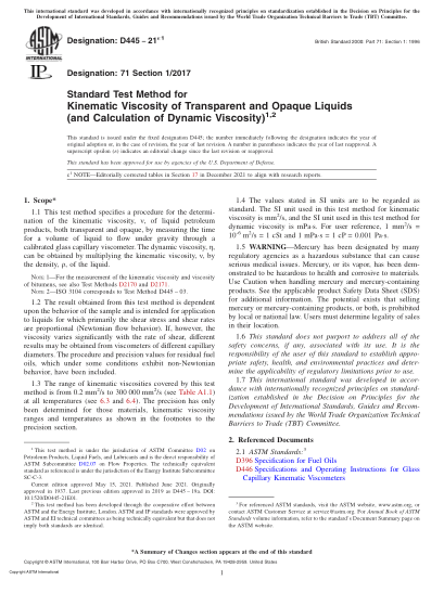 ASTM D445-2021e1Standard Test Method for Kinematic Viscosity of Transparent and Opaque Liquids (and Calculation of Dynamic Viscosity)