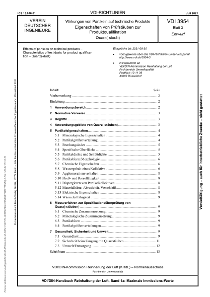 VDI 3954 Blatt 3-2021Effects of particles on technical products - Characteristics of test dusts for product qualification - Quartz(-dust)
