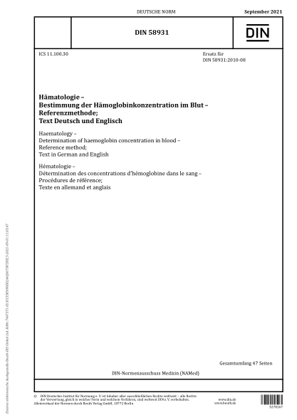 DIN 58931-2021Haematology - Determination of haemoglobin concentration in blood - Reference method; Text in German and English