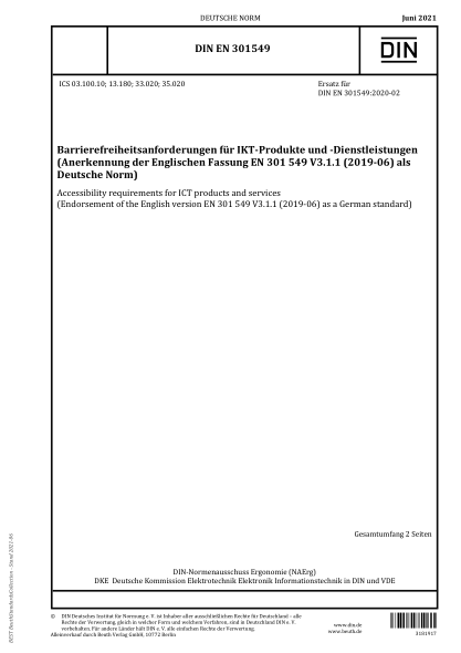 DIN EN 301549-2021Accessibility requirements for ICT products and services (Endorsement of the English version EN 301 549 V3.1.1 (2019-06) as a German standard)