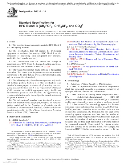 ASTM D7327-2021Standard Specification for HFC Blend B (CH2FCF3, CHF2CF3, and CO2)