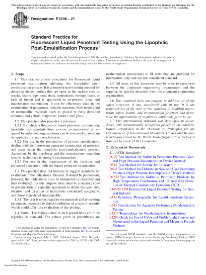 ASTM E1208-2021Standard Practice for Fluorescent Liquid Penetrant Testing Using the Lipophilic Post-Emulsification Process