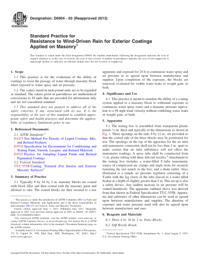 ASTM D6904-2003(2013)Standard Practice for Resistance to Wind-Driven Rain for Exterior Coatings Applied on Masonry
