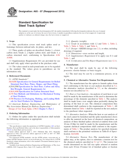 ASTM A65-2007(2013)鋼軌道道釘規(guī)格Standard Specification for Steel Track Spikes