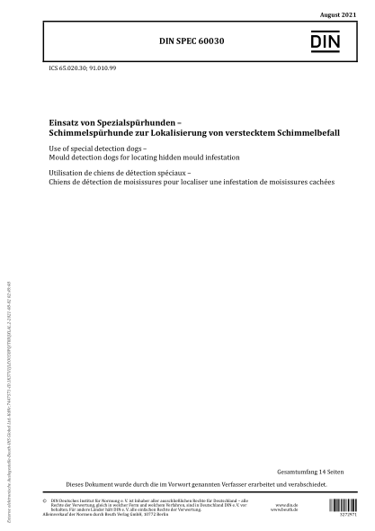 DIN SPEC 60030-2021Use of special detection dogs - Mould detection dogs for locating hidden mould infestation