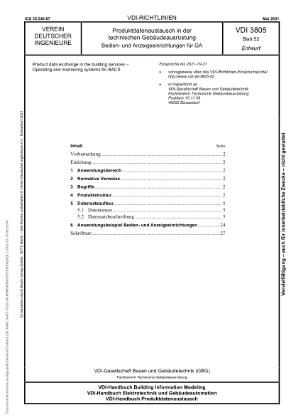 VDI 3805 Blatt 52-2021Product data exchange in the building services - Operating and monitoring system for BACS