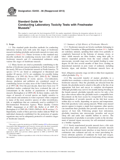 ASTM E2455-2006(2013)用淡水貝殼類開展實驗室毒性試驗的指南Standard Guide for Conducting Laboratory Toxicity Tests with Freshwater Mussels