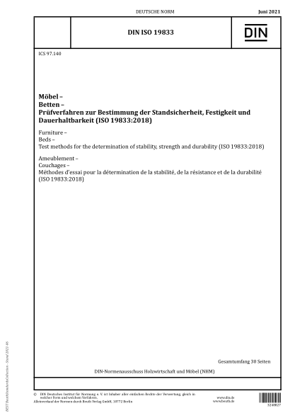 DIN ISO 19833-2021Furniture - Beds - Test methods for the determination of stability, strength and durability (ISO 19833:2018)