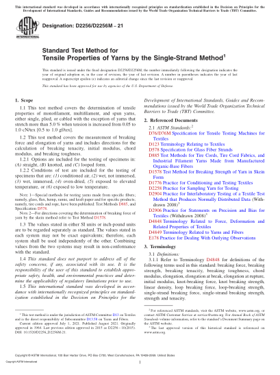 ASTM D2256/D2256M-2021Standard Test Method for Tensile Properties of Yarns by the Single-Strand Method