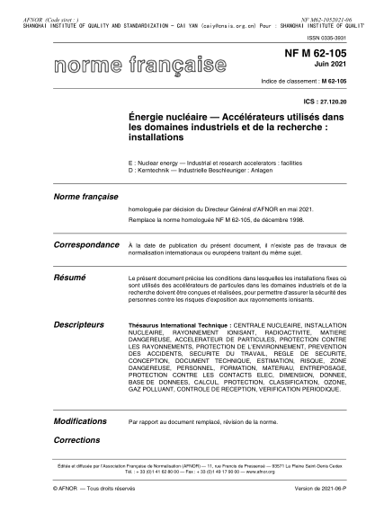 NF M62-105-2021Nuclear energy - Industrial et research accelerators : facilities