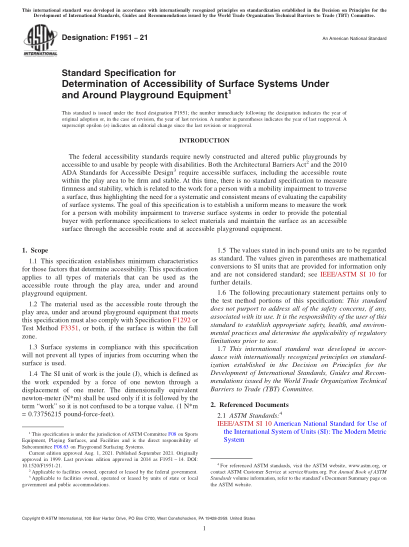 ASTM F1951-2021Standard Specification for Determination of Accessibility of Surface Systems Under and Around Playground Equipment